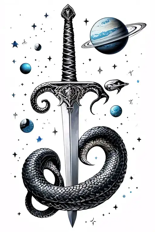 Sword With A Snake Wrapped Around It And Planets And Stars Surrounding