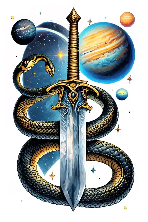 Sword With A Snake Wrapped Around The Blade And Planets And Stars In The Surroundings