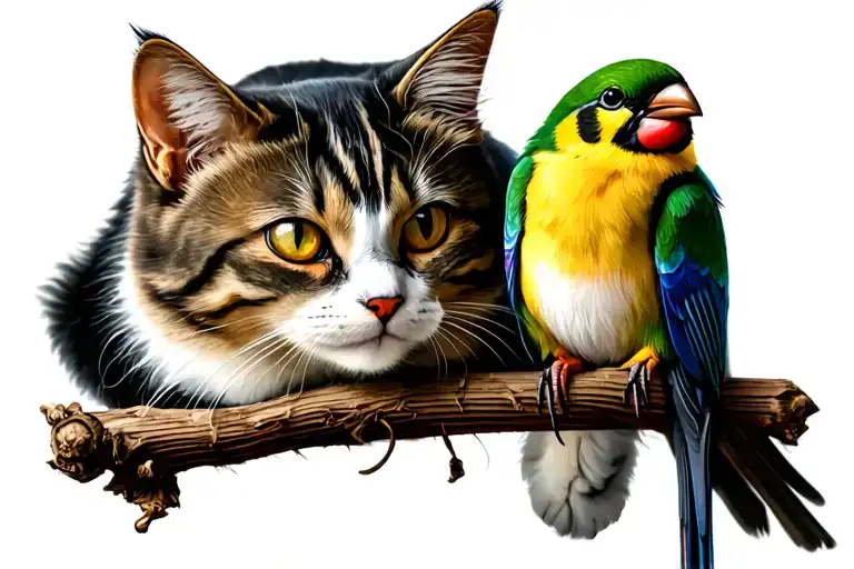 Cat And Bird Perched