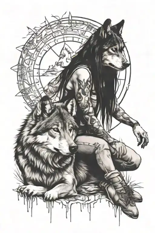 Wolf And Girl Sitting