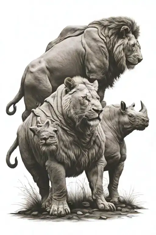 Lion And Rhino Standing Strong Amidst