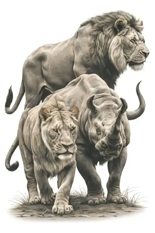 Lion And Rhino Standing Strong Amidst