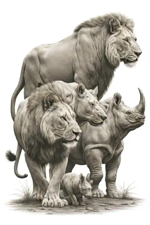 Lion And Rhino Standing Side By Side