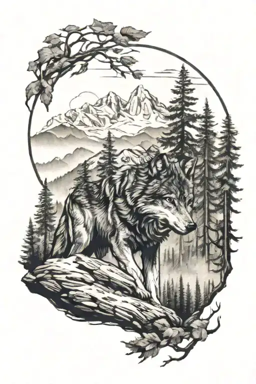 Dark Wolf In A Forest With Mountains