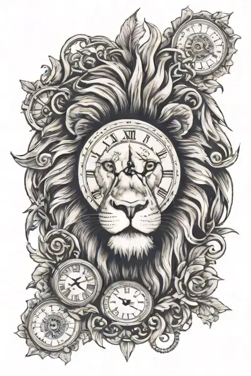Create An Image For A Tattoo That Is Half A Lion's Face With A Roman Time Clock And A Woman's Eye
