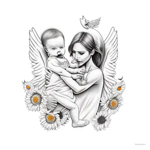Mom With Angel Baby In Her Arms And Sunflowers