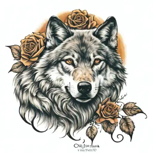 Wolf Head With Amber Firey Brown Eyes With Roses On And Around The Wolf