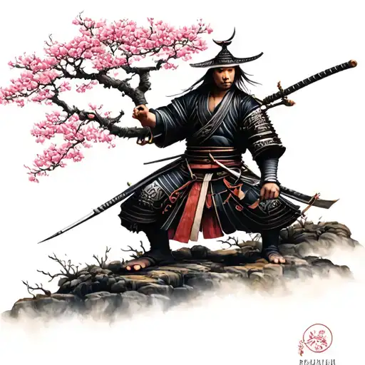 Samurai On A Japanese Cherry Tree