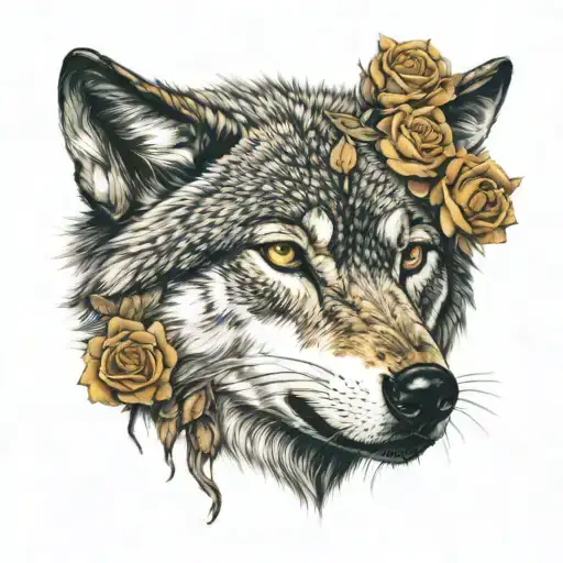 Wolf Head With Yellow Brown Eyes With Roses On One Side Of The Wolf