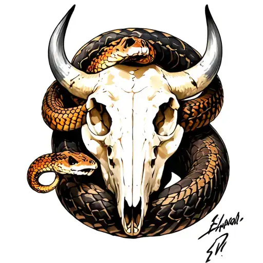 Rattlesnake Curled Around Bison Skull