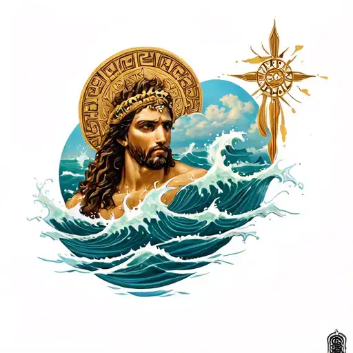 Posidon God Of The Sea With Water Waves And Greek Patterns