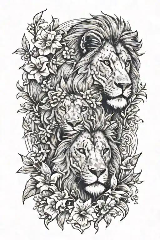 Male And Female Lion In Love Surrounded By Larkspur And Narcissus Flowers