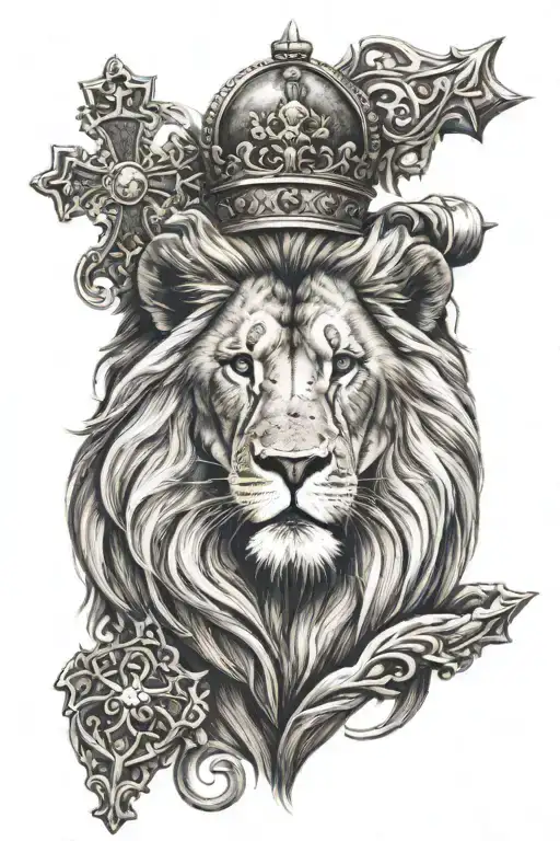 Calm Lion Showing Leadership With A Cross For Christianity