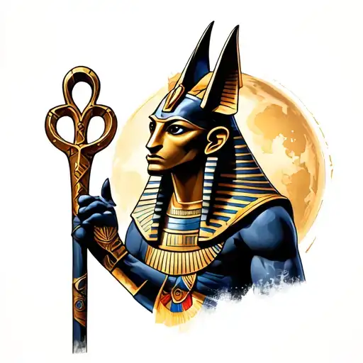 Egyptian God Anubis With A Staff Of Ankh