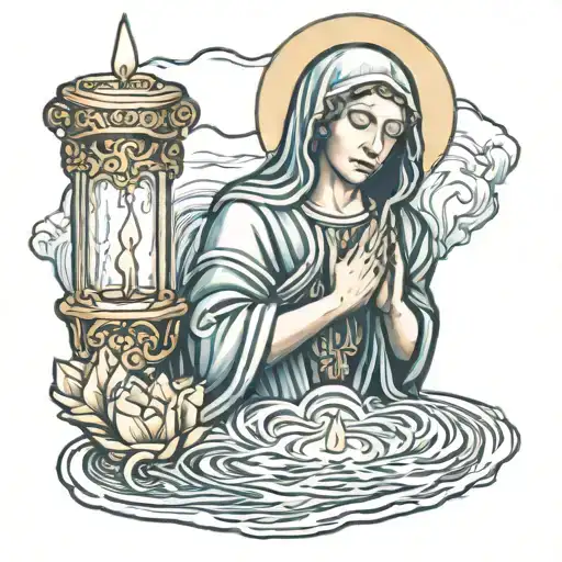 Virgin Mary Praying Over Candles Floating On Water