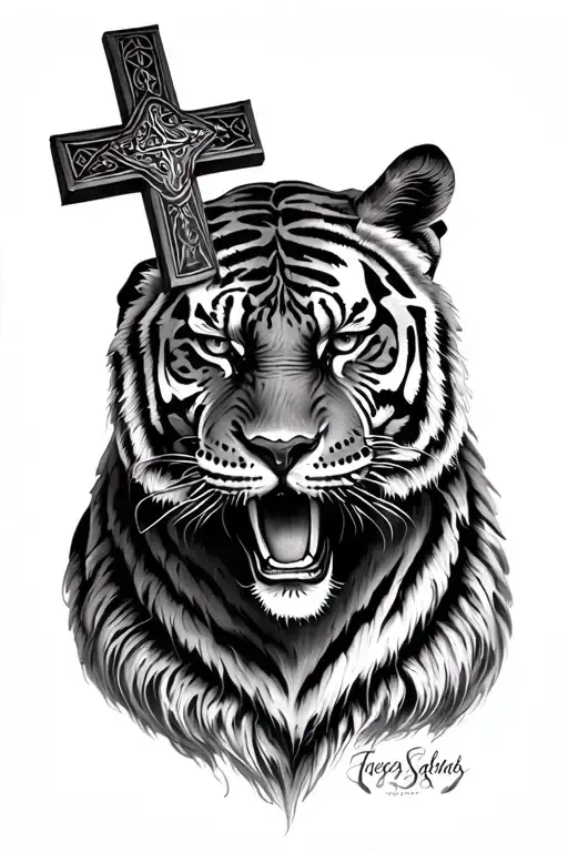 Cross Of Jesus With A Tiger's Head In The Background