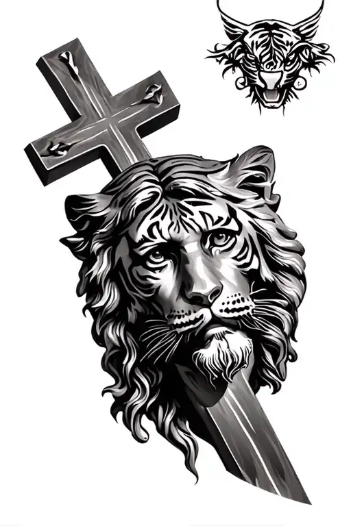 Cross Of Jesus With A Jesus With A Tiger's Head In The Background