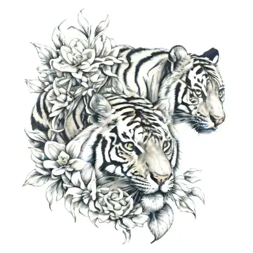 Tiger With Astramerias And Freesia Flowers Surrounding
