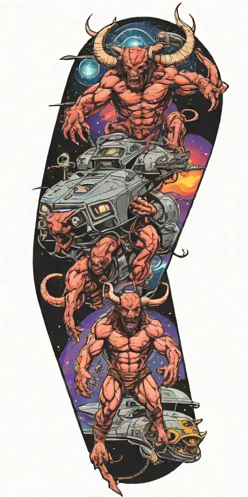 1 Male Minotaur With 1 Captured Female Alien Standing On Top Of A Spaceship