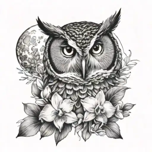 Owl With Orchids And A Moon Surrounded