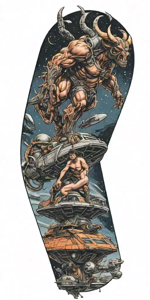 A Single Male Minotaur With A Single Female Alien Standing On Top Of A Crashed Spaceship