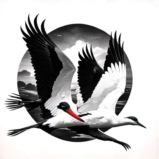 Tatwo Realistic Japanese Cranes Flying In Black And White Men Tattoo Positioned Farther Apart