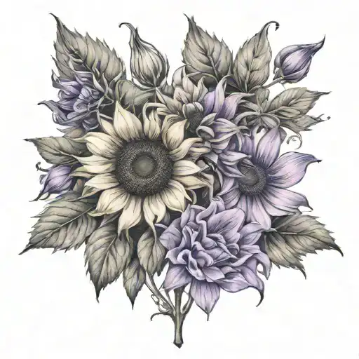 Sunflower With One Violet Flower And One Rose And One Larkspur