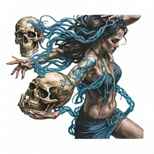 A Woman Dancing With A Skull Surrounded By A Blue Thread