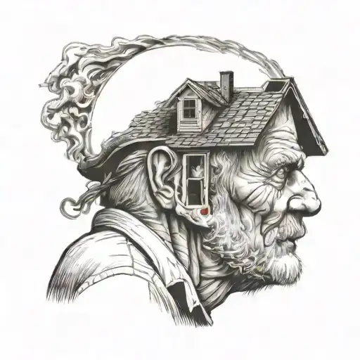 Old Man Head With House Fire Coming Out Of Head