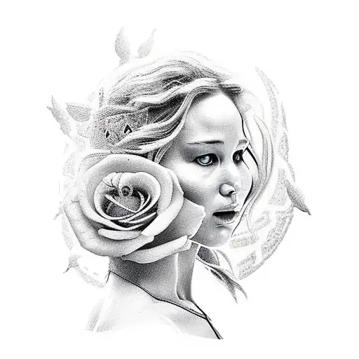 Jennifer Lawrence With Rose Infront Of Her Face And A Mockingjay Infront Of Her Chest