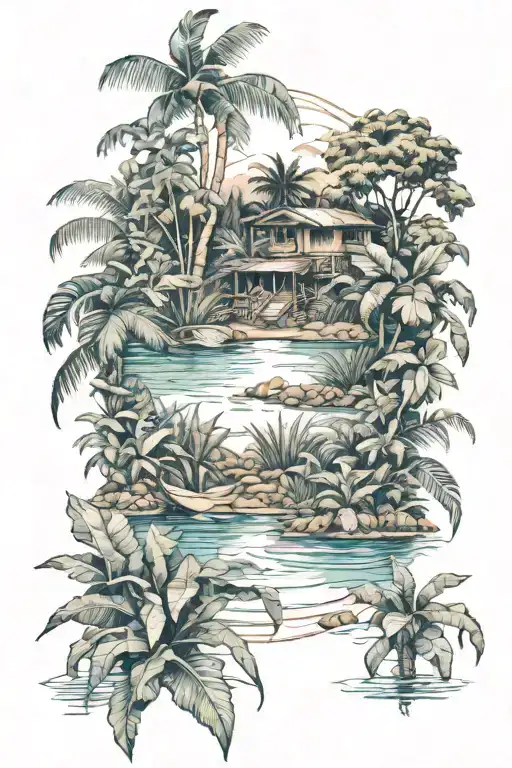 Roeses With A Body Of Water And Jungle Theme