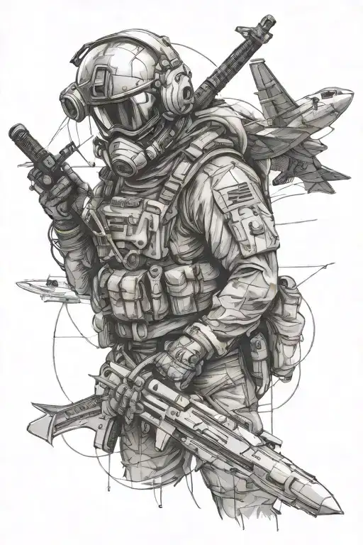 Fighterpilot Holding Sword In Technical Drawing Style