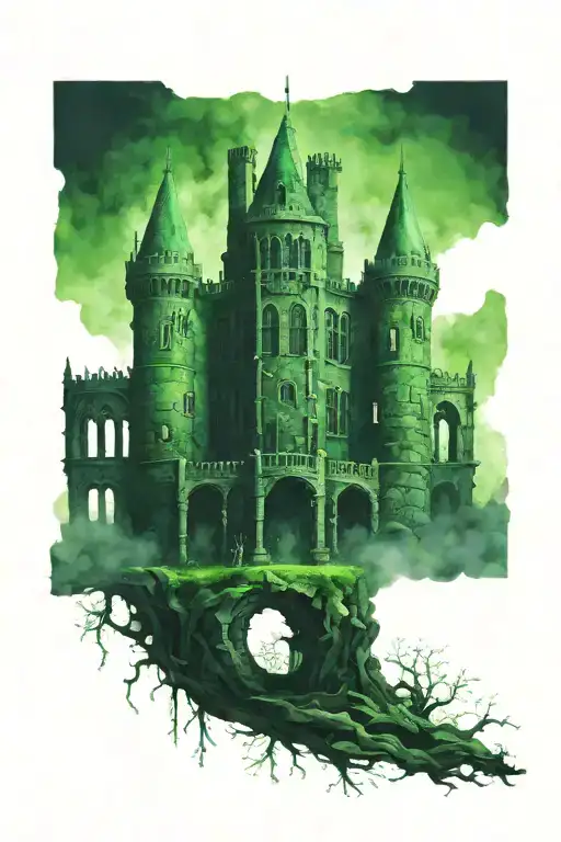 Big Dark Souls Castle With Many Windows In Green Mist Shadow With A Path Towards The Wrist