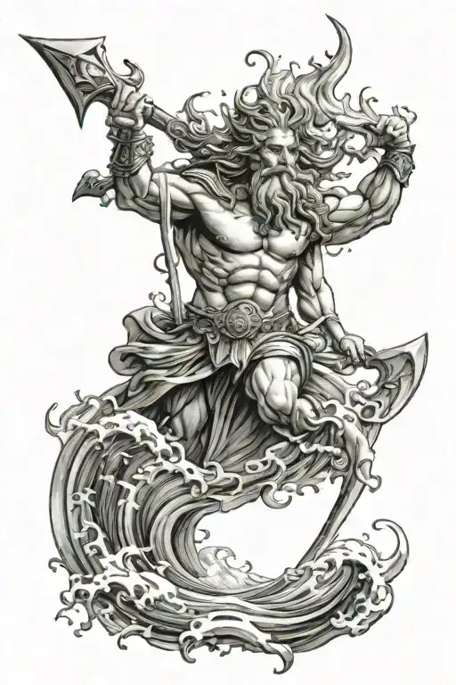 A Portrait Of Poseidon With His Trident And Waves