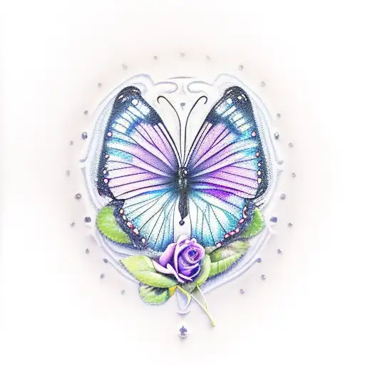 Blue Butterfy On Purple Rose With Semicolon