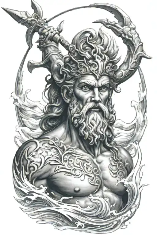 A Portrait Of Poseidon With His Trident And Waves