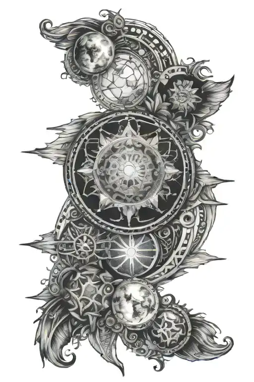 Back Tattoo Bright Detailed Moon Phases With Tribal Designs Around It