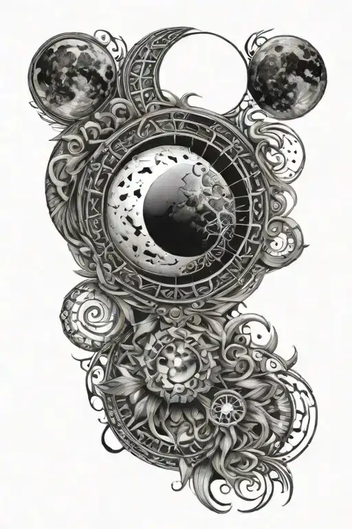 Back Tattoo Bright Detailed Moon Phases With Tribal Designs Around It