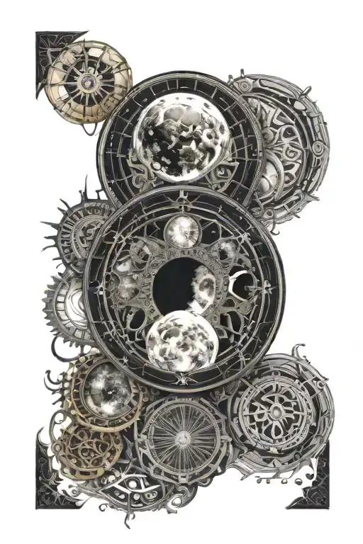 Back Tattoo Bright Detailed Moon Phases With Tribal Designs Around It