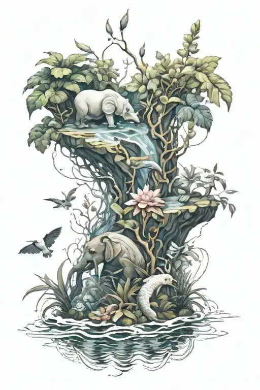 Animals And Plants Intertwined With Water