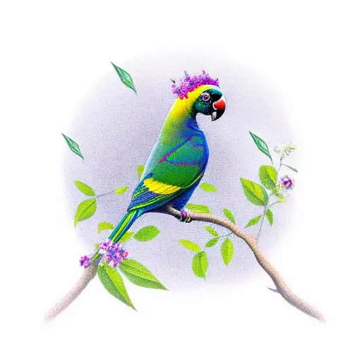 Indian Ringneck Parrot Surrounded By Flowers