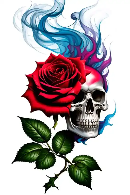 Flaming Red Rose With Smoke Above Transforming Into Skull