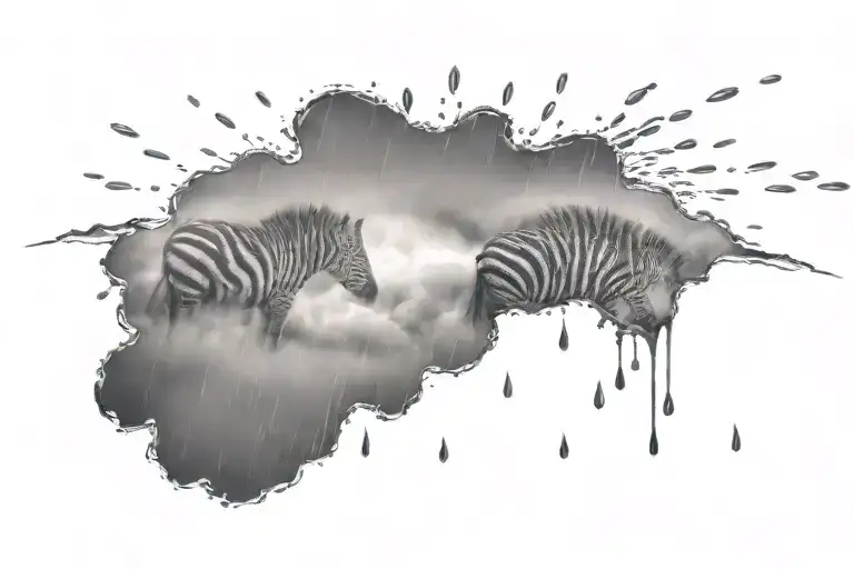 Zebra Patterned Rain And Rain Cloud Tattoo With Some Drops In The Shape Of A Heart