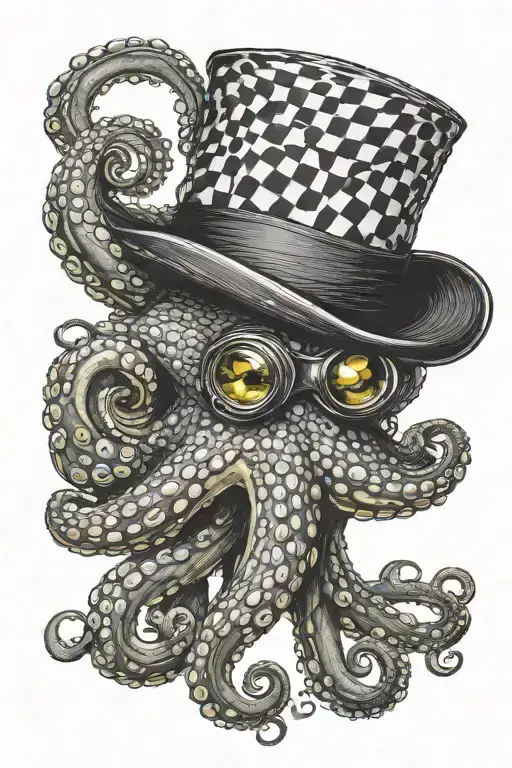 An Octopus With Yellow Eyes In A Checkered Bowler Hat