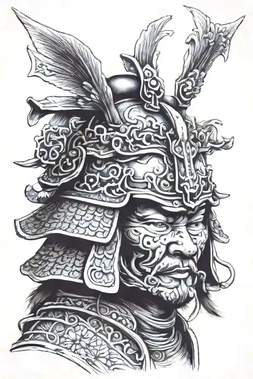 Eidechse Samurai Head With Helmet Adorned With Intricate