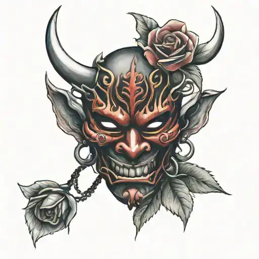 Red Oni Mask With Rose Petals