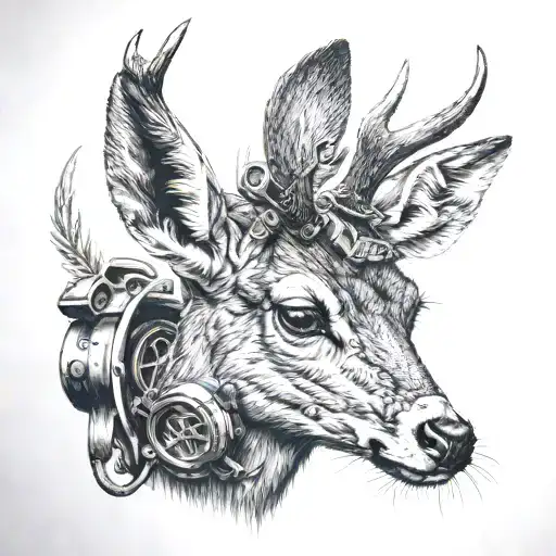 Detailed Black And Grey Portrait Of A Roe Deer With Hunting Gear