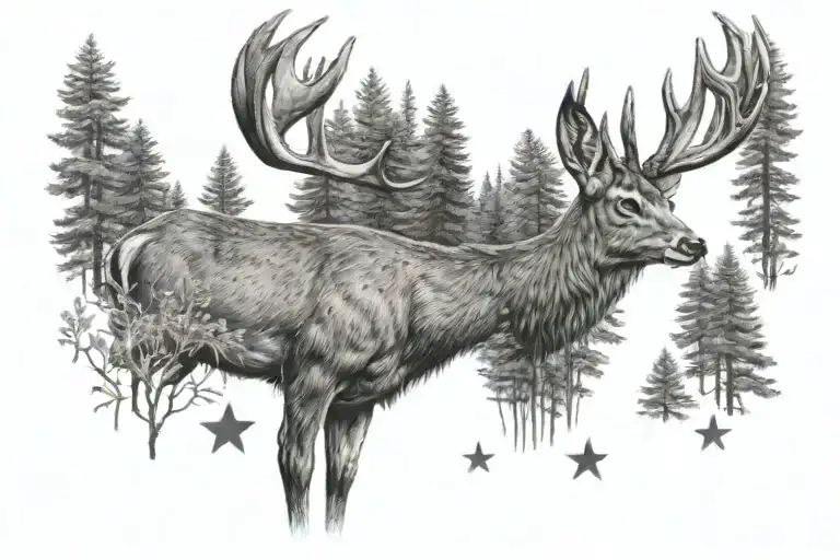 Detailed Roe Deer Surrounded By Forest And A Star View