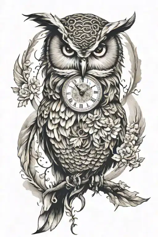 Owl Tattoo Merge With Lion And A Clock Face
