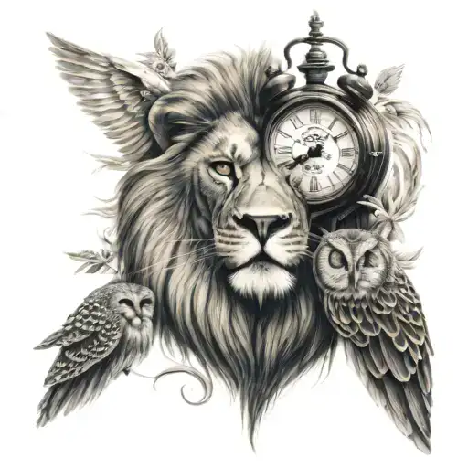 Lion And Owl Tatoo With A Clock Face